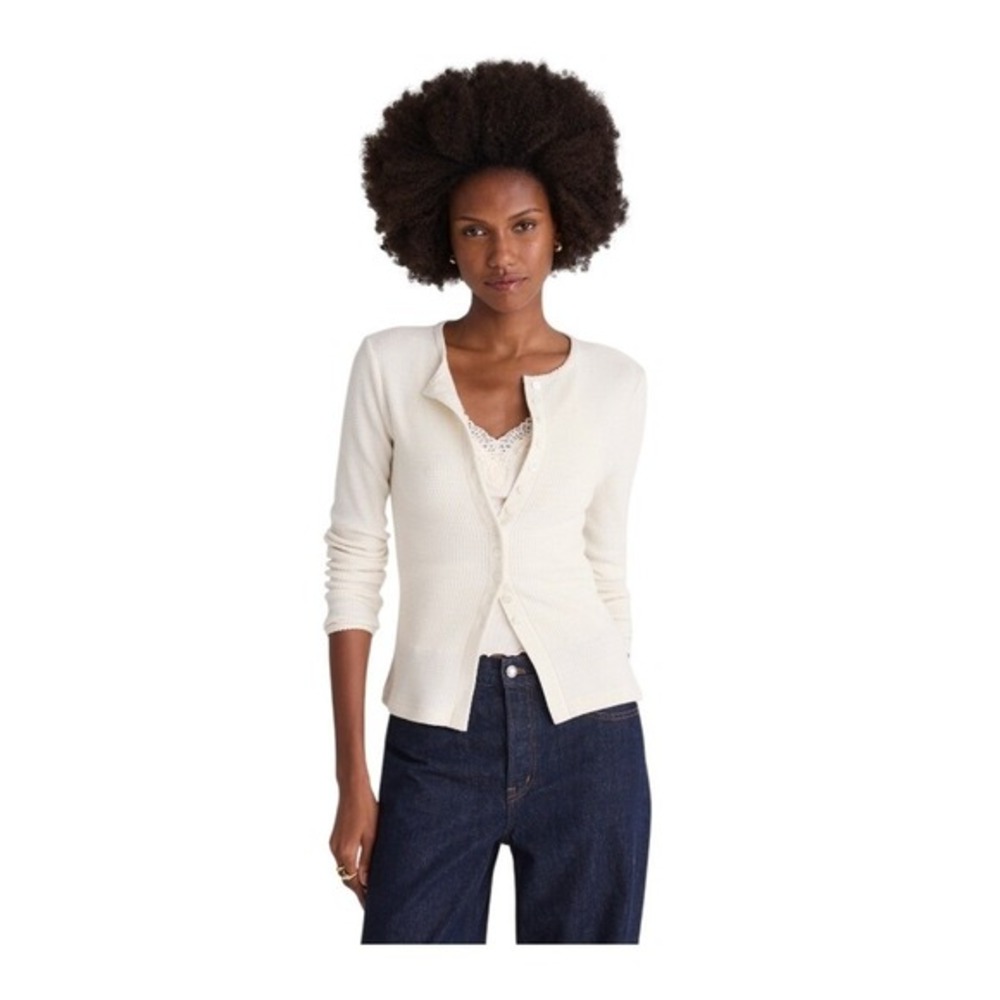 Madewell Waffle-Knit Cutaway Crewneck Cardigan‎ Antique Cream Super Soft Knit L